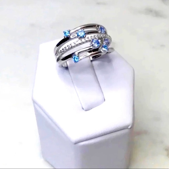 Sterling Silver Blue Topaz Cz & Clear Cz Ring - Picture 7 of 17